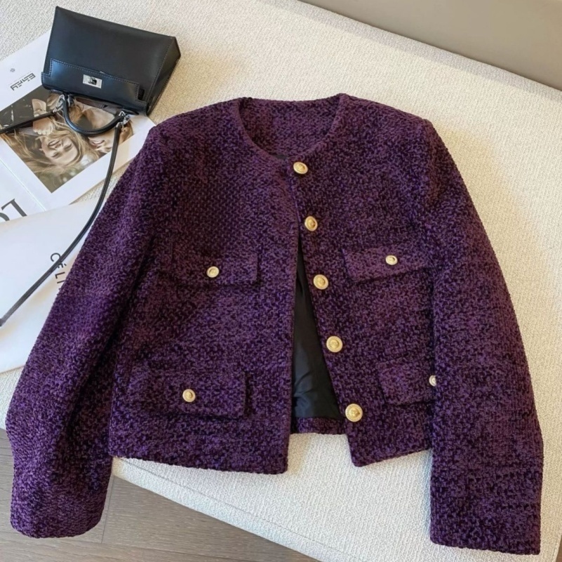 Limiguyue French Woolen Tweed Coat Small Fragrant Oneck Short Jacket Women Highend Metal Button Purple Tops Autumn Winter 012A w250728