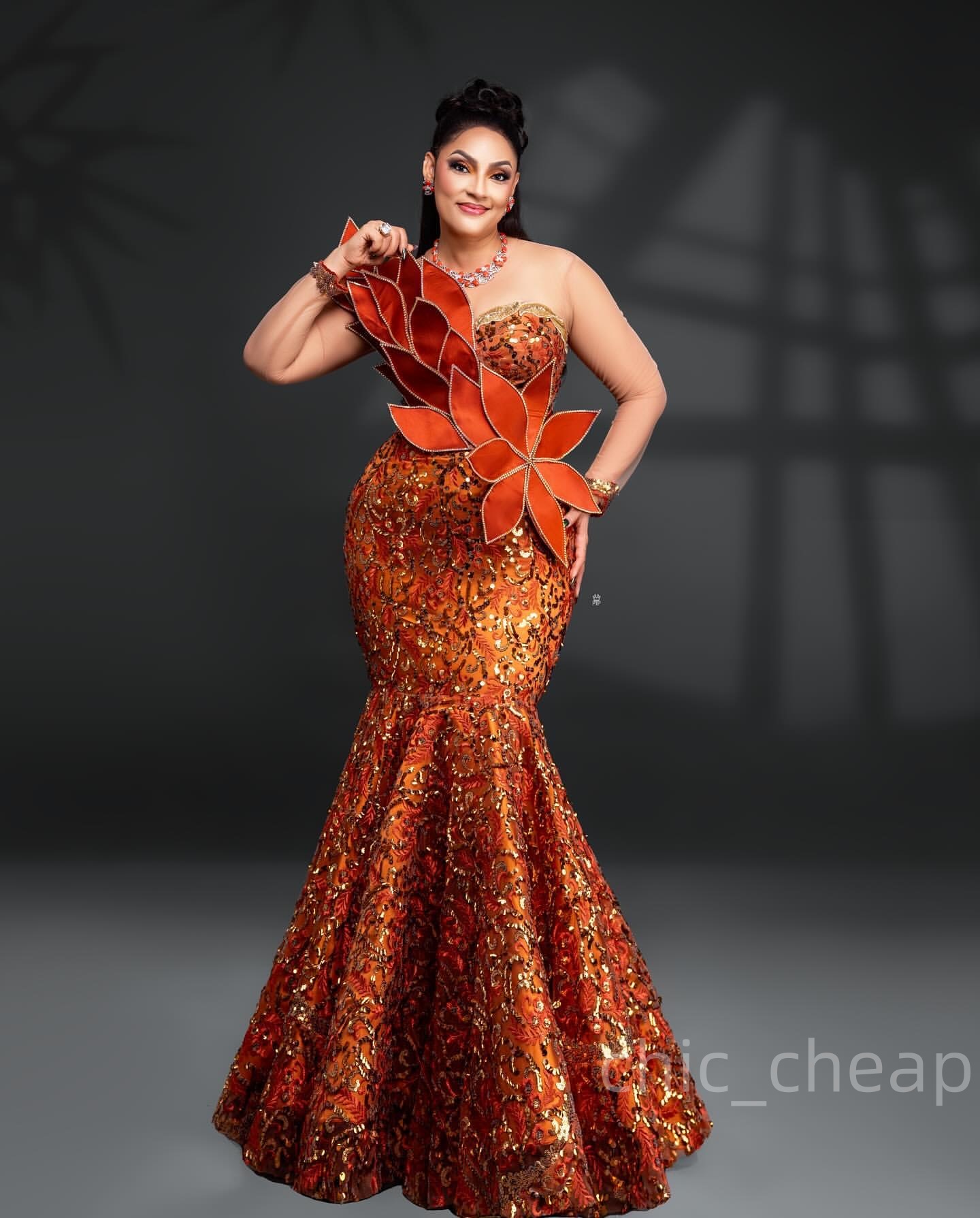 Mermaid Orange Prom Dresses 2025 Florals Sequined Lace Sheer Neck Evening Formal Party Second Birthday Engagement Gowns Plus Size Dress For Special Oc