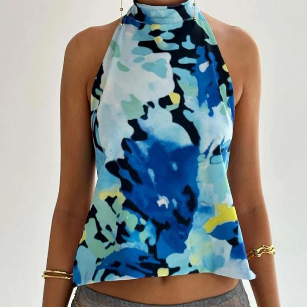 Women Vintage Y2k Fairy Floral Halter Neck Tops Coquette Boho Backless Sleeveless Tank Summer DotsFlower Print Cami Vest 250807