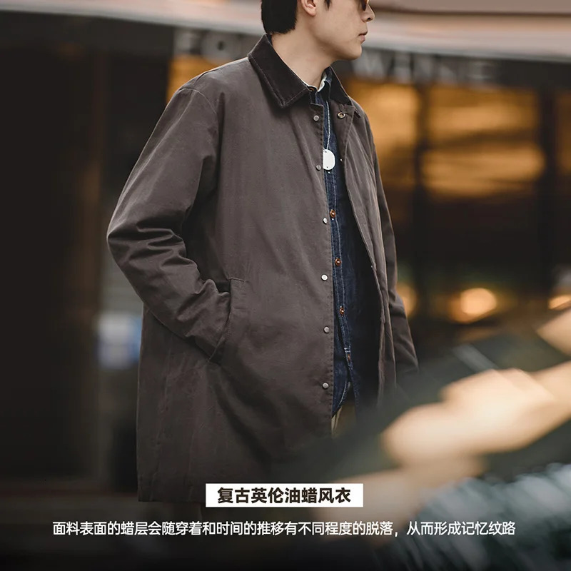 Maden Mens Vintage Waxed Windbreaker Corduroy Turndown Collar Midlength Overcoat Windproof and Waterproof Trench Loose Jacket 250804