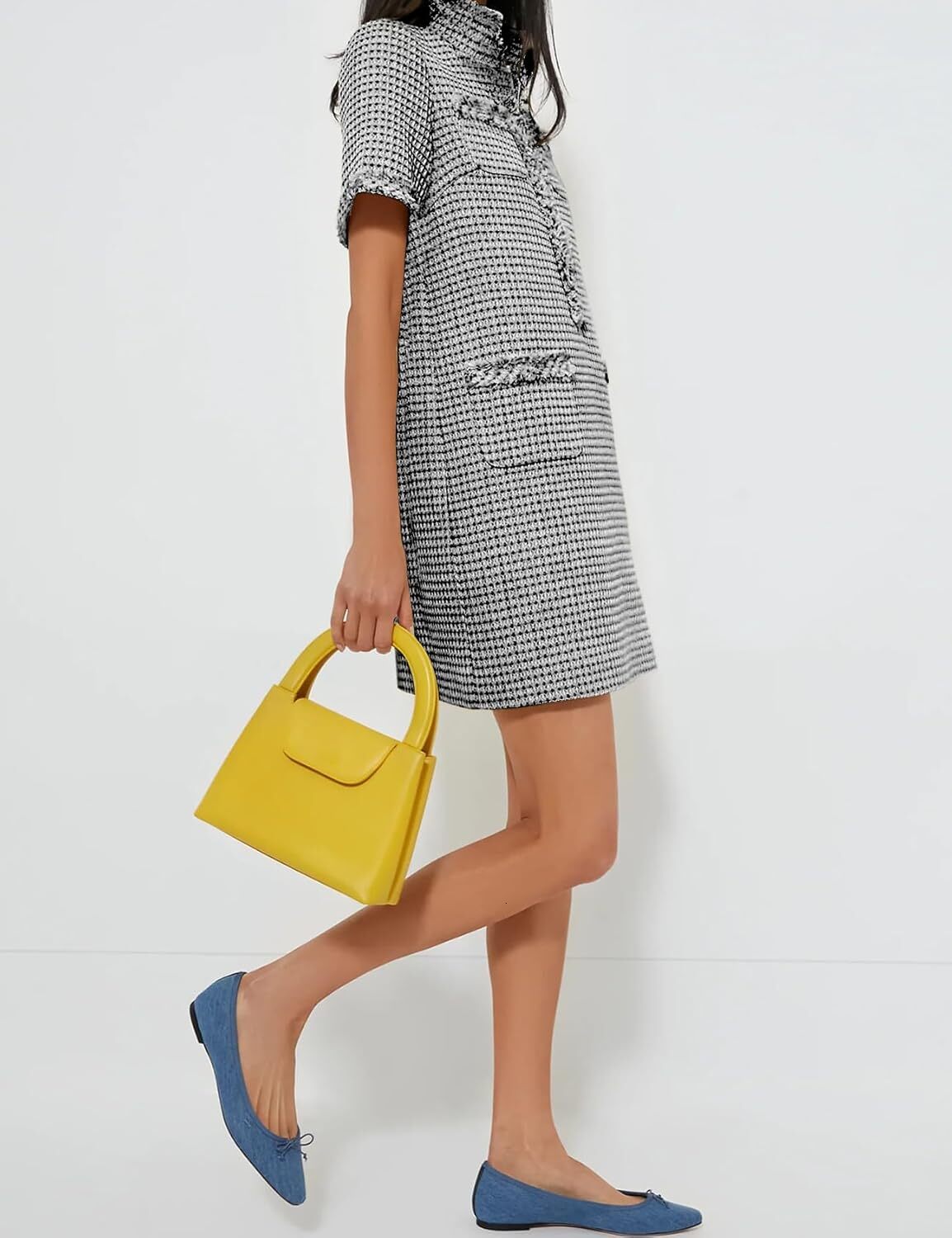 Womens Tweed Mini Elegant Front Half Zipper Short Sleeve Casual Work Straight Tube Dress with Pockets