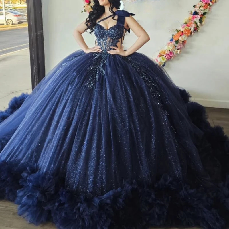Navy Blue Shiny Quinceanera Dresses Ball Gown Off The Shoulder Applique Beads Tull Tiered Party Birthday Sweet 16 Dress Vestidos 15 Anos