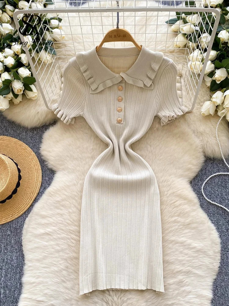 SINGREINY American Retro Knit Bodycon Sundress Women Lapel Neck Short Sleeve Elastic Ruffles Sheath Striped sweet Dress 250807