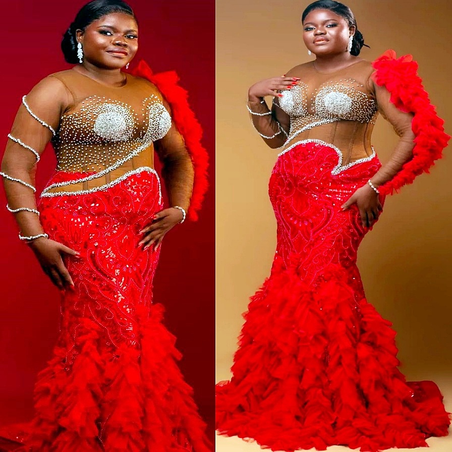 Red Mermaid Prom Dresses 2025 Beaded Illusion Sequined Tiers Evening Formal Party Second Birthday Engagement Gowns Plus Size Dress For Special Occasio