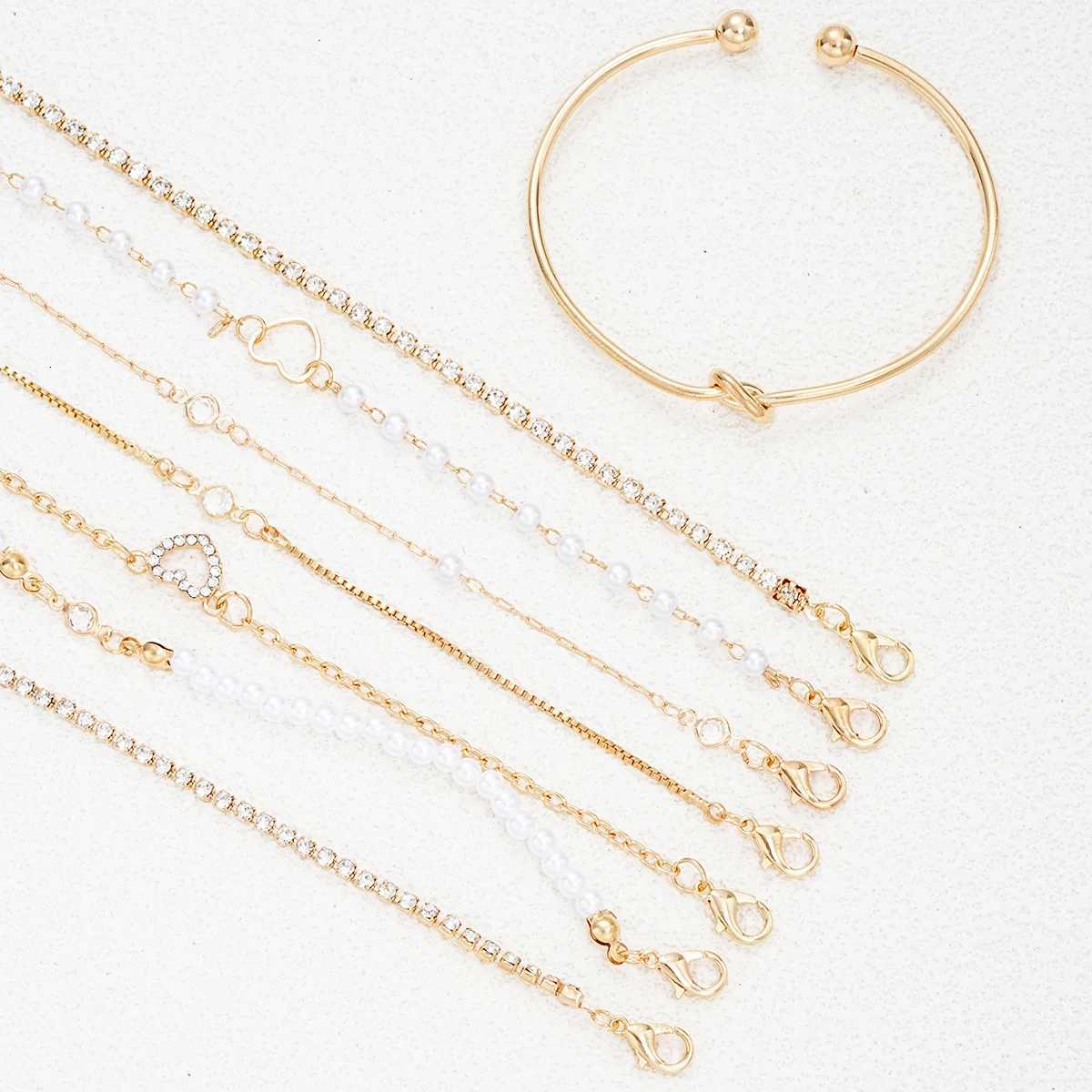 8-Piece Elegant Heart Rhinestone Stacked Bracelets For Women Gold Color Multi-Strand Pearl Chain Bracelet Party Fashion Jewelry W250807