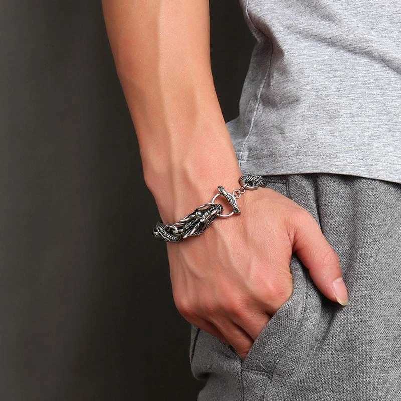 Ethnic Wind Dragon Bracelet Vintage Silver Plated Dragon Cuff Bangles Mens Motorcycle Riding Charm Jewelry Gift W250807