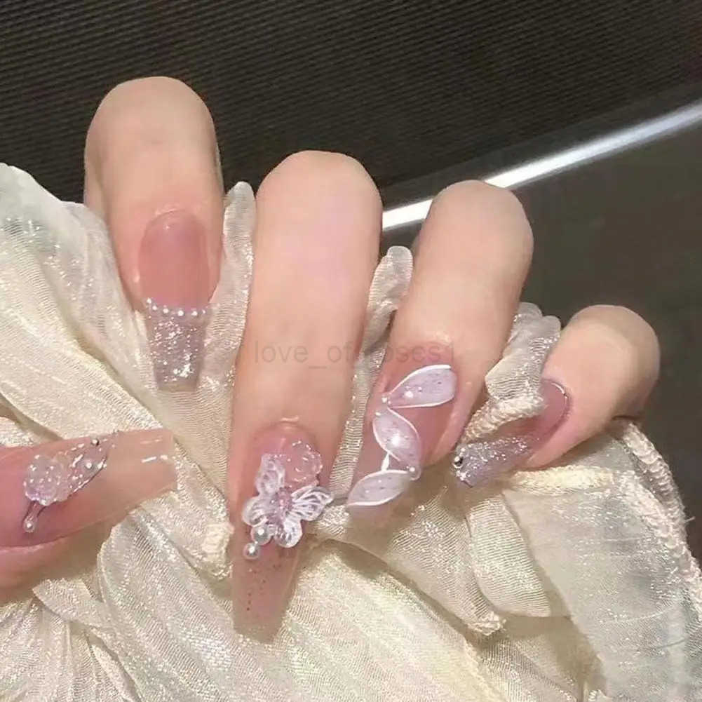 24PCS European and American Style Extended Wearing Fake Nails French Water Pipe Nail Drill Butterfly Pearl Nail Patch Nail Art Z250807