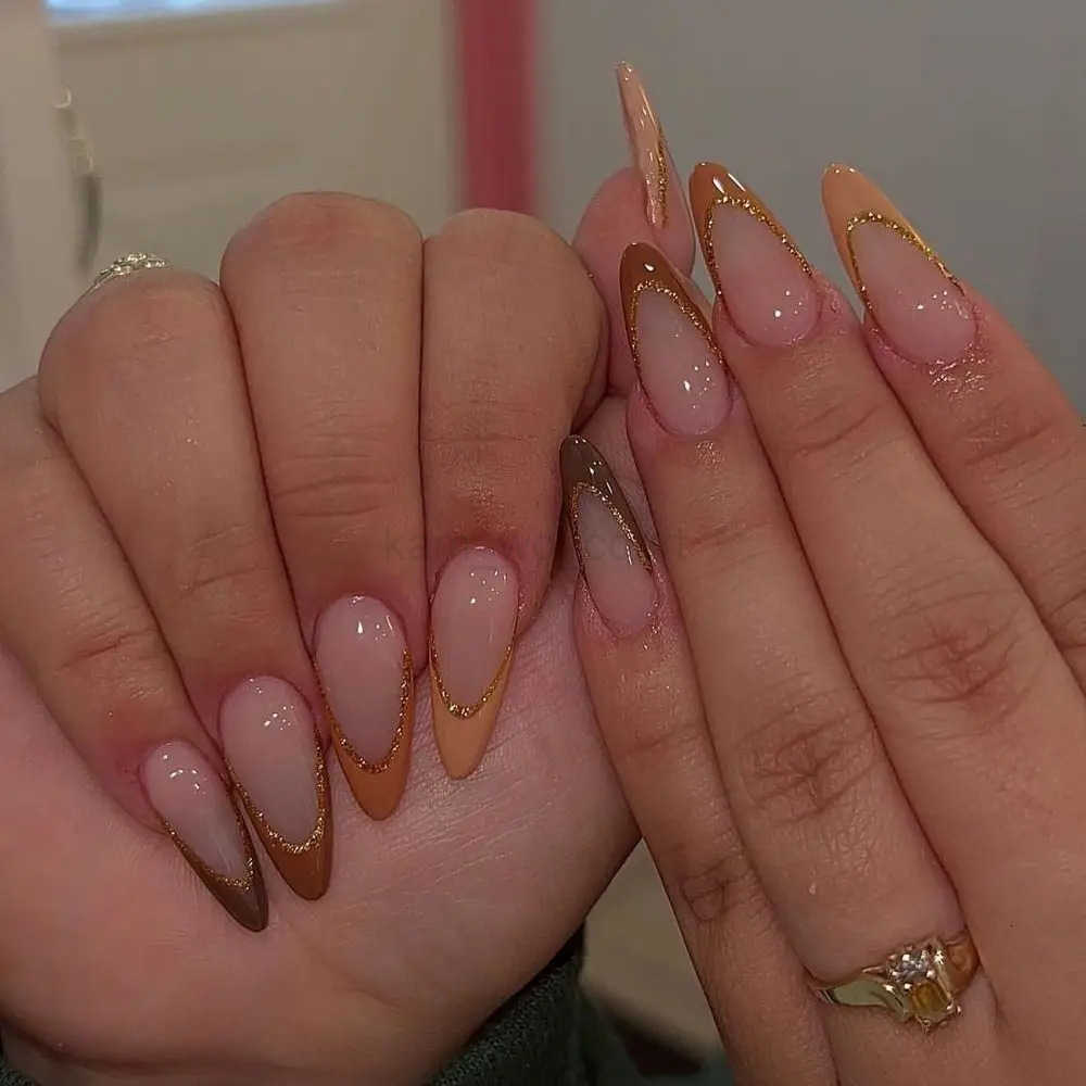 24Pcs French Almond Fake Nails with Rhinestone Wearable Stiletto Acrylic False Nails with Glue White Edge Design Press on Nails M250807