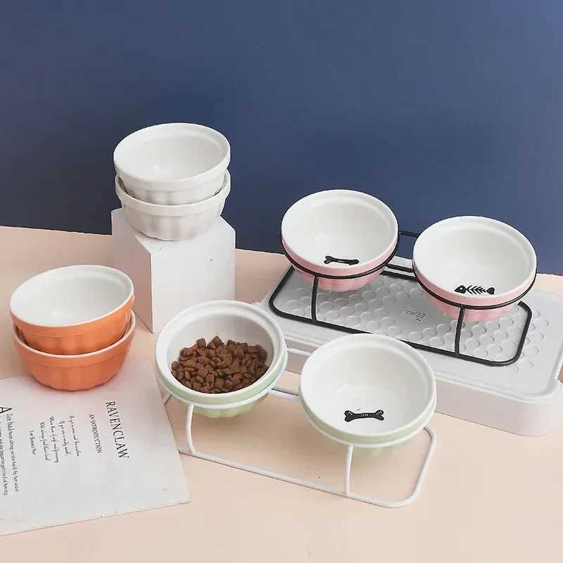 Double Bowl Cute Ceramic Pet Feeder High Foot Oblique Design Bone Fish Bone Print Protect Spine Dog Feeder Accessories Y250806