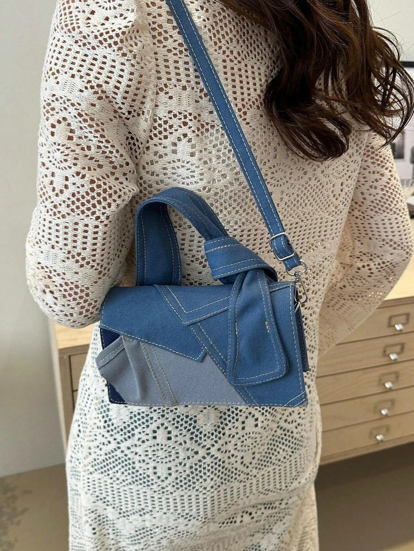 spliced denim retro bag womens square bag lightweight shoulder bag suitable for womens daily travel and shopping 250805