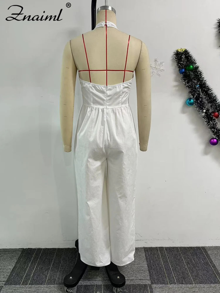 Znaiml Elegant Evening Gowns Biarthday Party One Pieces Wide Leg Pants Outfit for Women White Halter Backless Jumpsuit Rompers 250807