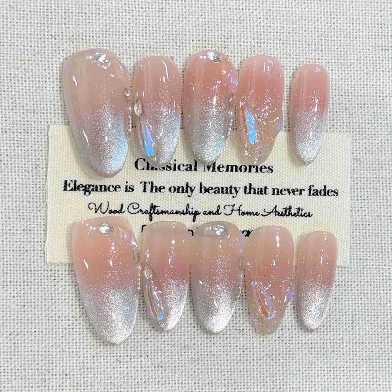 10Pcs Pink Blush Press-on False Nails with Mermaid Shell Cat Eye Sparkling Dreamy Nail Patch Wearing Finished Acrylic Fake Nail M250807