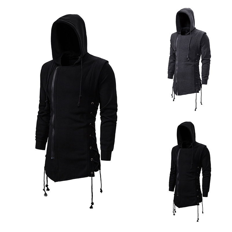 Dark hooded loose sweater European size men's diagonal zipper solid color fashion sweater jacket