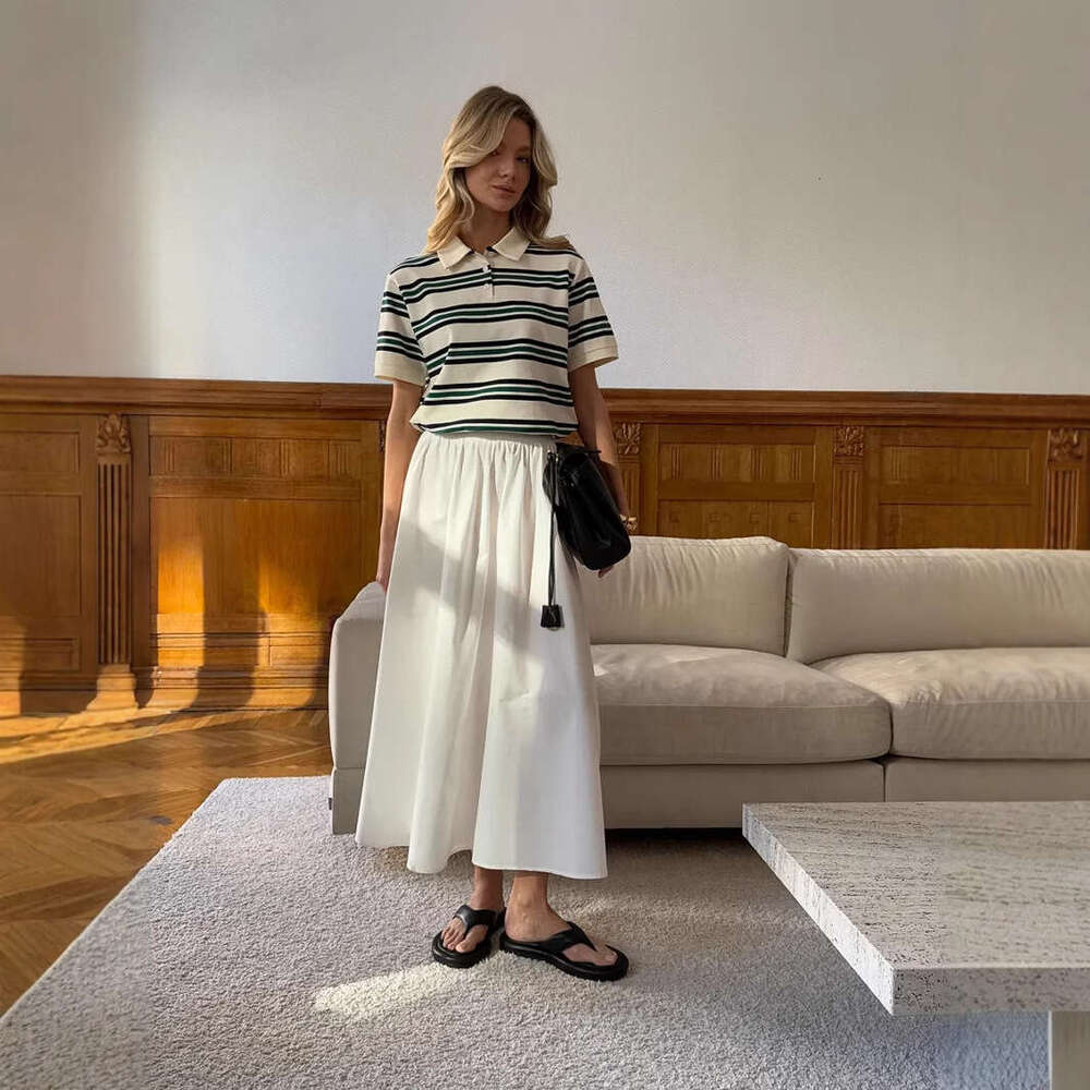 Summer New American Style Color Block Striped Polo Shirt Loose Short Sleeve T-Shirt For Women Ins B5