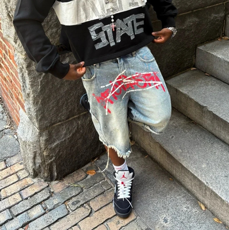Men's Jeans Shorts Jorts Y2K Printed Denim Shorts Men Women Trend Retro Hip Hop Streetwear Unisex Baggy Short Pants