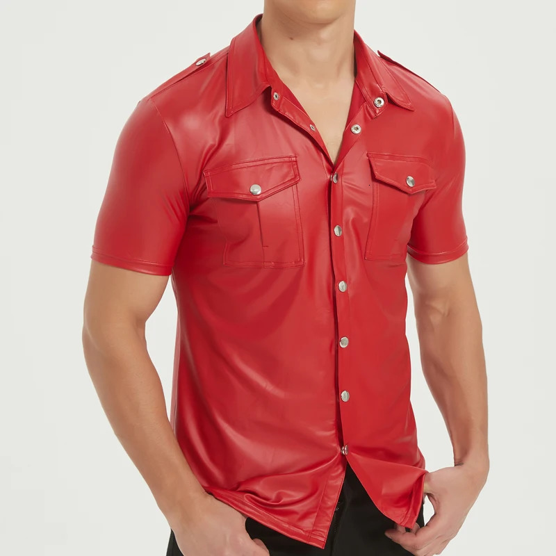 Mens PU leather shirts elastic short sleeve superior quality 250807