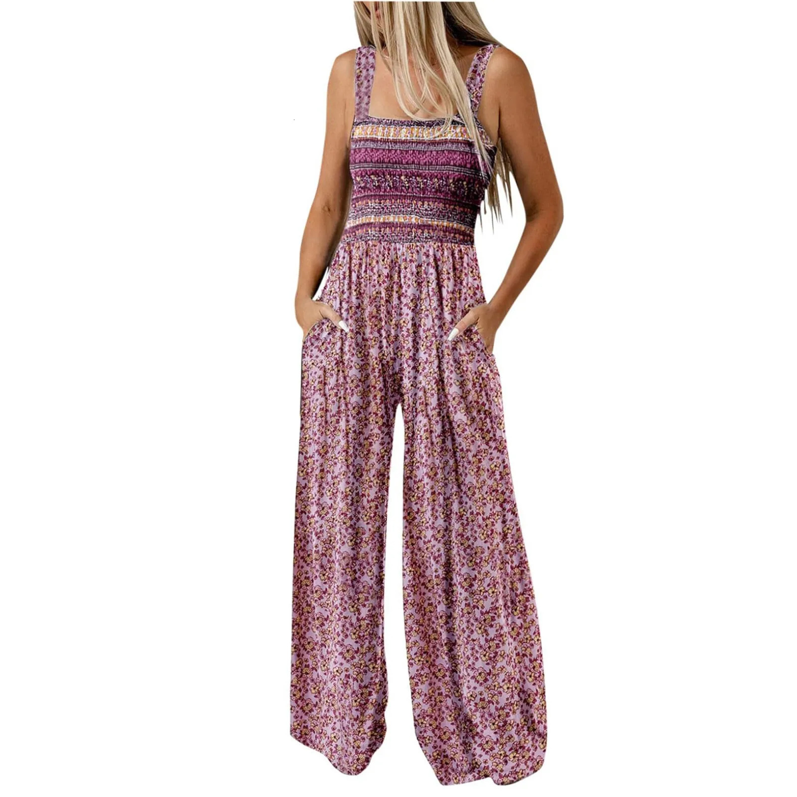 WomenS Suspender Jumpsuits Fashion Trend Pleated Shoulder Straps Printed Pocket Loose Wide Leg Daily Casual AllMatch 250807