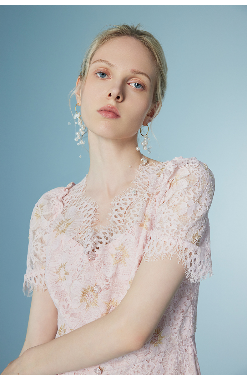 Womens Elegant Pink Floral Lace Dress Short Sleeve V Neck Double Layer Gothic Midi Party Guest Casual Dress 6116210