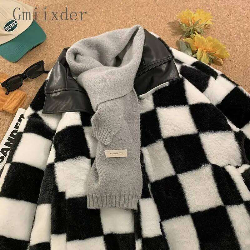 Designer Clothing 2025 Gmiixder Women Winter New Plaid Parkas Korean Loose Thickened Veet Letter Print PU Coat Double-Sided Checkerboard Plush Jacket