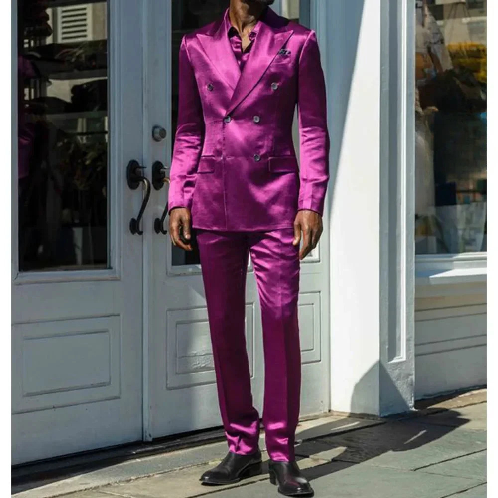 Fashionable Men Suits Satin 2 Piece Jacket Pants Sets High Quality Prom Party Blazer Double Breasted Lapel Male Clothing 250807