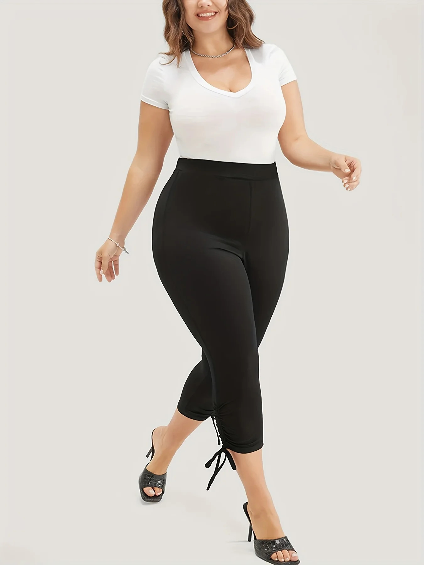 2023 summer womens plussize British style pant leg fashion n solid color slimfit cropped pants 250805