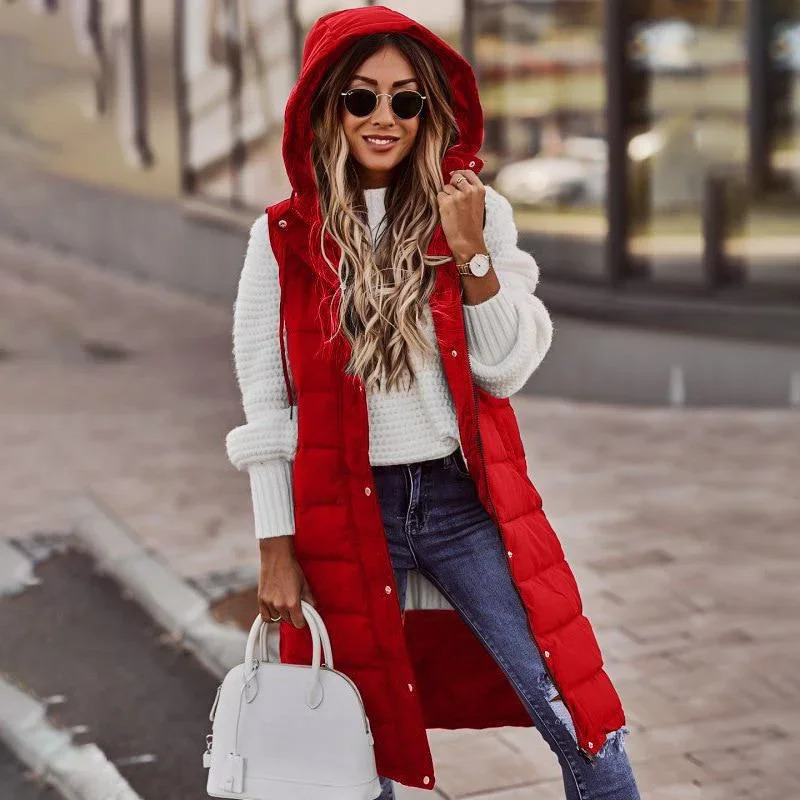 Sleeveless Jacket Women Midi Coats Down Vest Keep Warm Elegant Black Hooded Street Hipster Lady Cotton Overcoat 250806