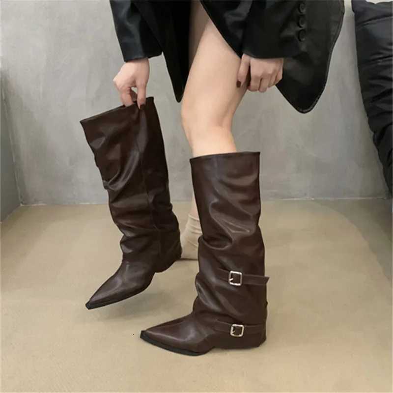 2025 Spring Autumn Pointed Toe Low Heel Punk Womens Knee-high Square Heel Lg Boots Winter Slip- Ladies Shoes Sale XJ250807