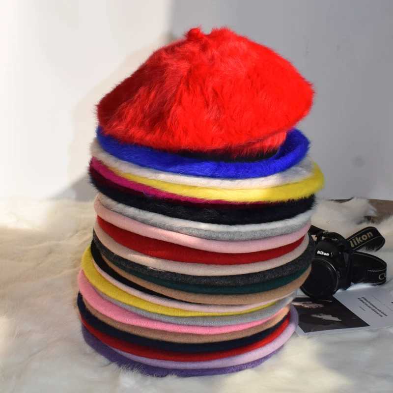 Winter Rabbit Fur Beret Hats Women French Painter Hat Girls Solid Color Soft Berets La Fashion Flat Wool Berets Wholesale XJ250807