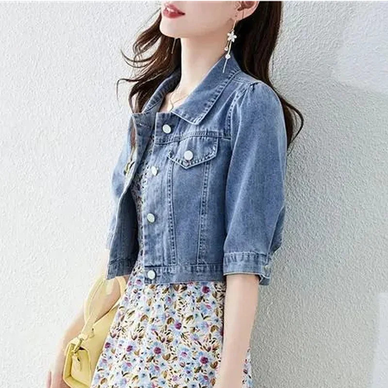 Vintage Crops Trendy Turn Down Collar Jackets Women Basic Solid Outwear Half Sleeve Denim Fit Harajuku Street Jacket 250807