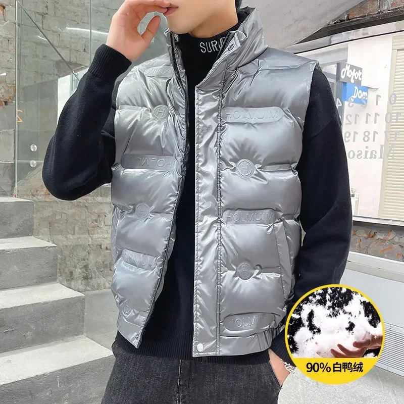90% white duck down Waistcoat male Gielt Casual black sliver vests Man DOWN vests Thicken Men Winter Warm casual Bright Vest 250804