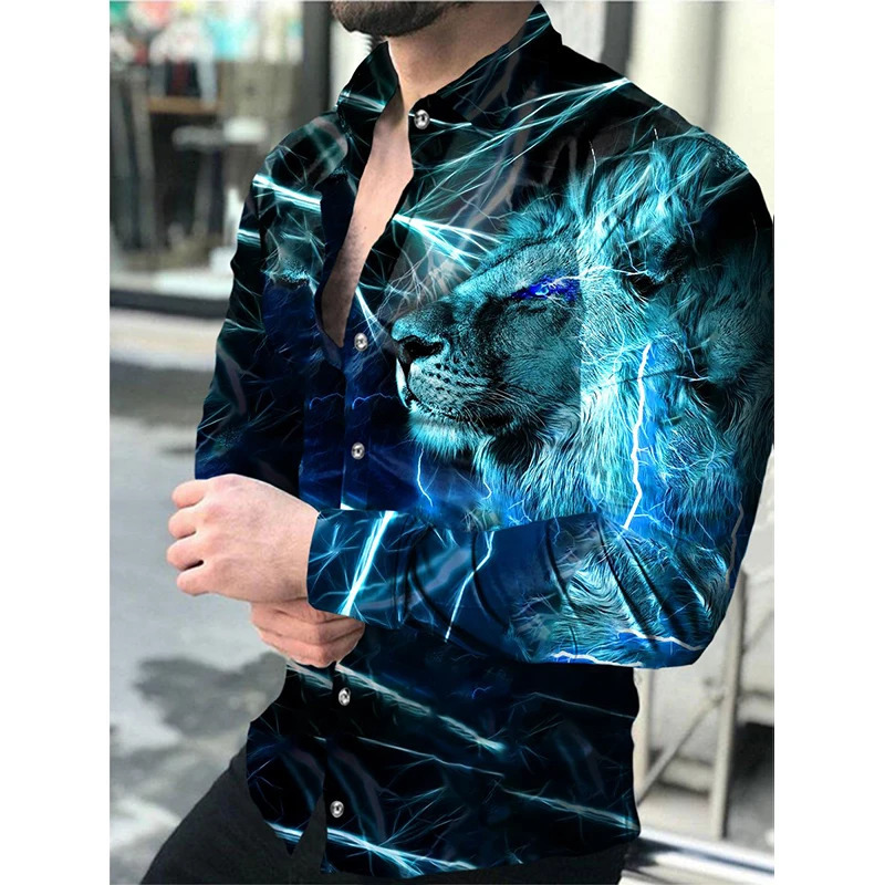 Funny 3D Lion Print Men Longsleeved shirt Fashion Animal Pattern TShirt Casual Lapel Loose Tops Mens Social Shirt y2k Clothes 250807