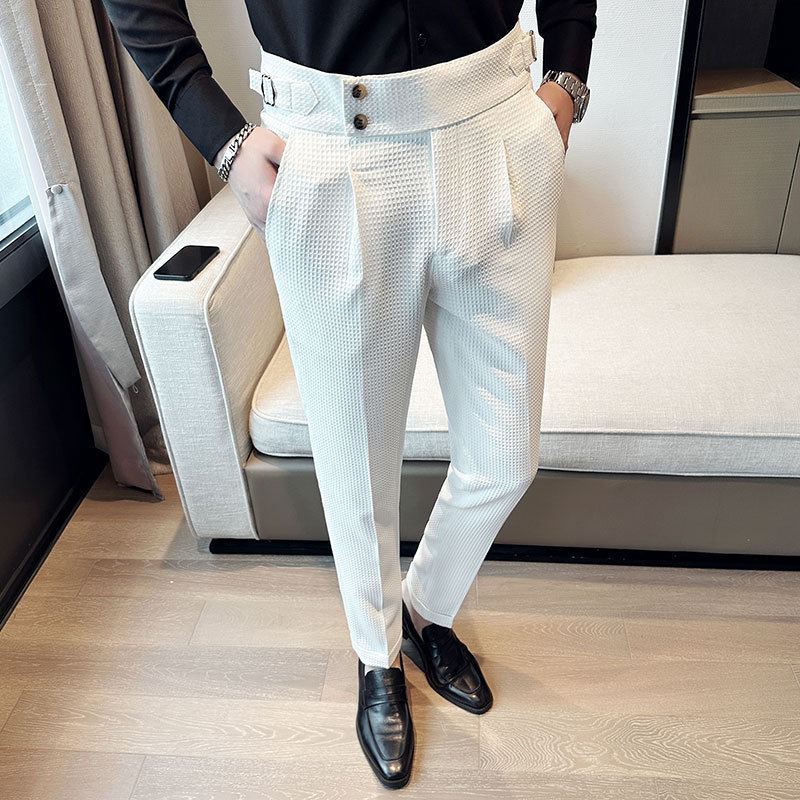 Top Brand Men Fashion Pantalones Hombre High Waist Waffle Business Casual Suit Pants Male Clothing Slim Fit Formal Wear Trousers
