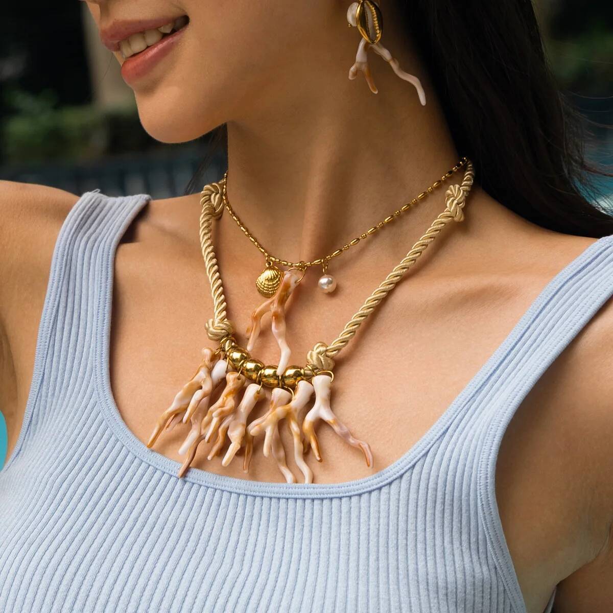 Stainless Steel White Coral Coarse Rope Woven Necklace Jewelry for Women