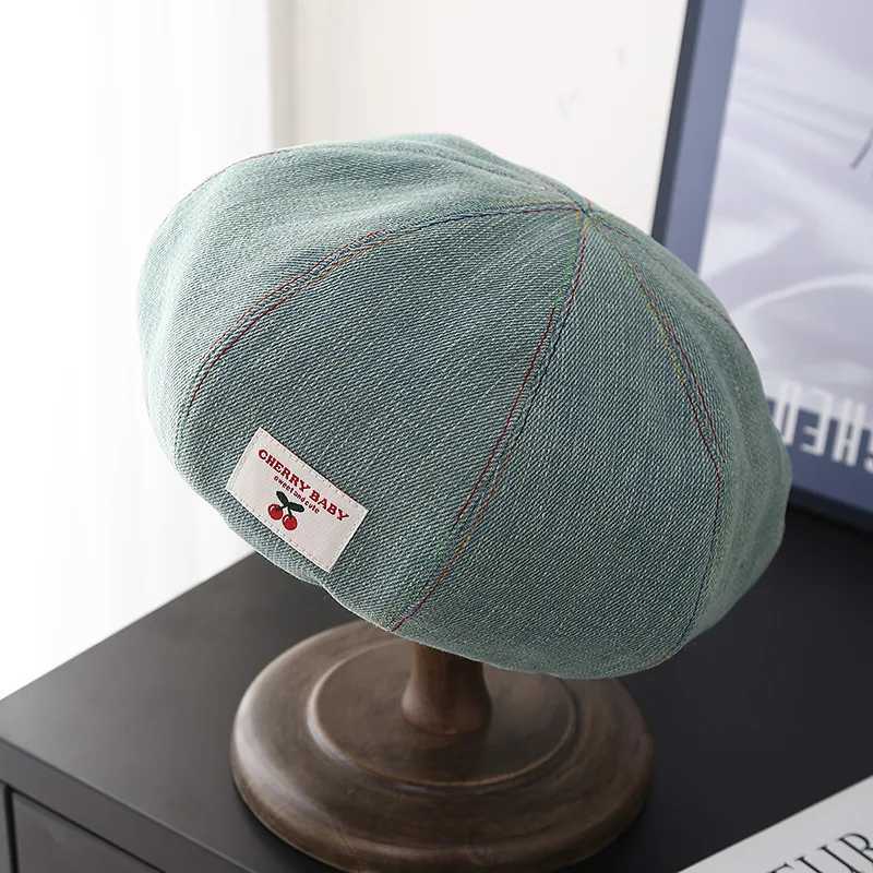 Beret Womens Hat Fashion Cherry Cloth Label Korean Style Washed Denim Cloth Sweet Cute Painter Hat for Women Casual XJ250807