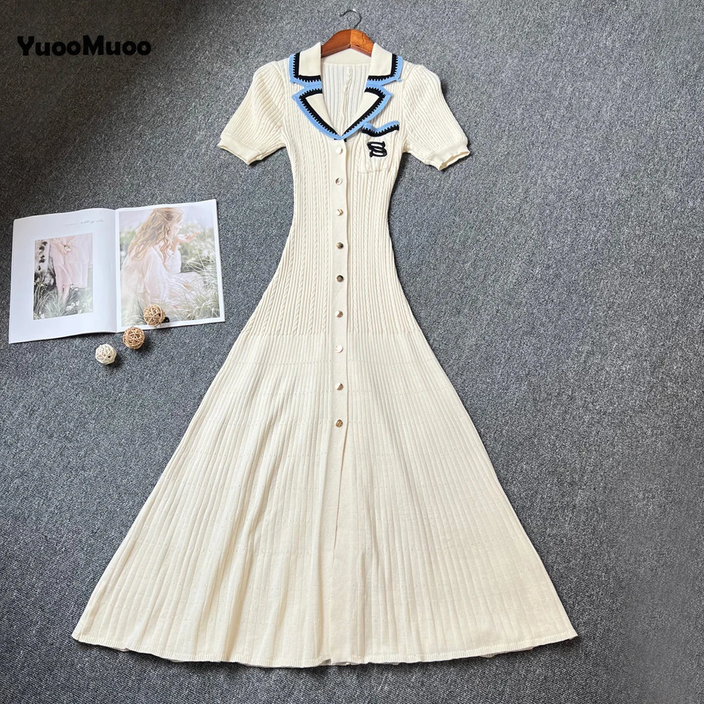 YuooMuoo Women Dress Spring and Summer Single-breasted Knitted Maxi Dress Elegant Office Lady Embroidery Sweater Dress 250806