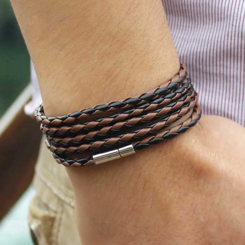 100% Brand Black Retro Wrap Long Leather Bracelet Men Bangles Fashion Sporty Chain Link Male Charm Bracelet with 5 Laps W250807