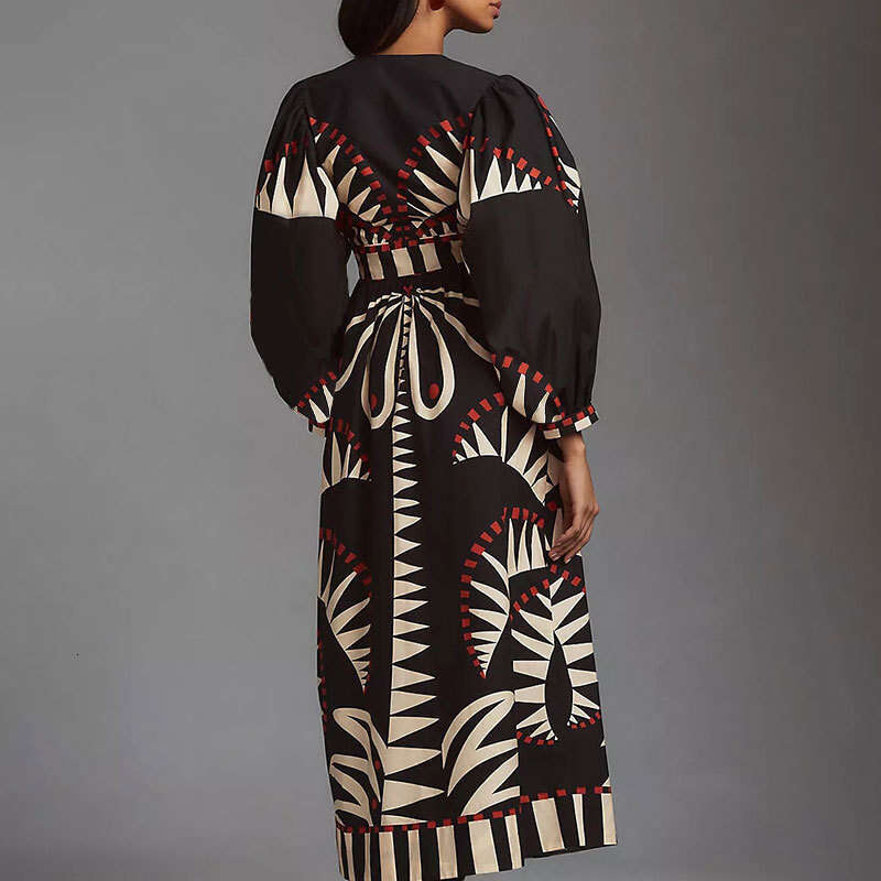 New Printed Long Fashion V-Neck Lantern Sleeve Dress For Women B5 h7