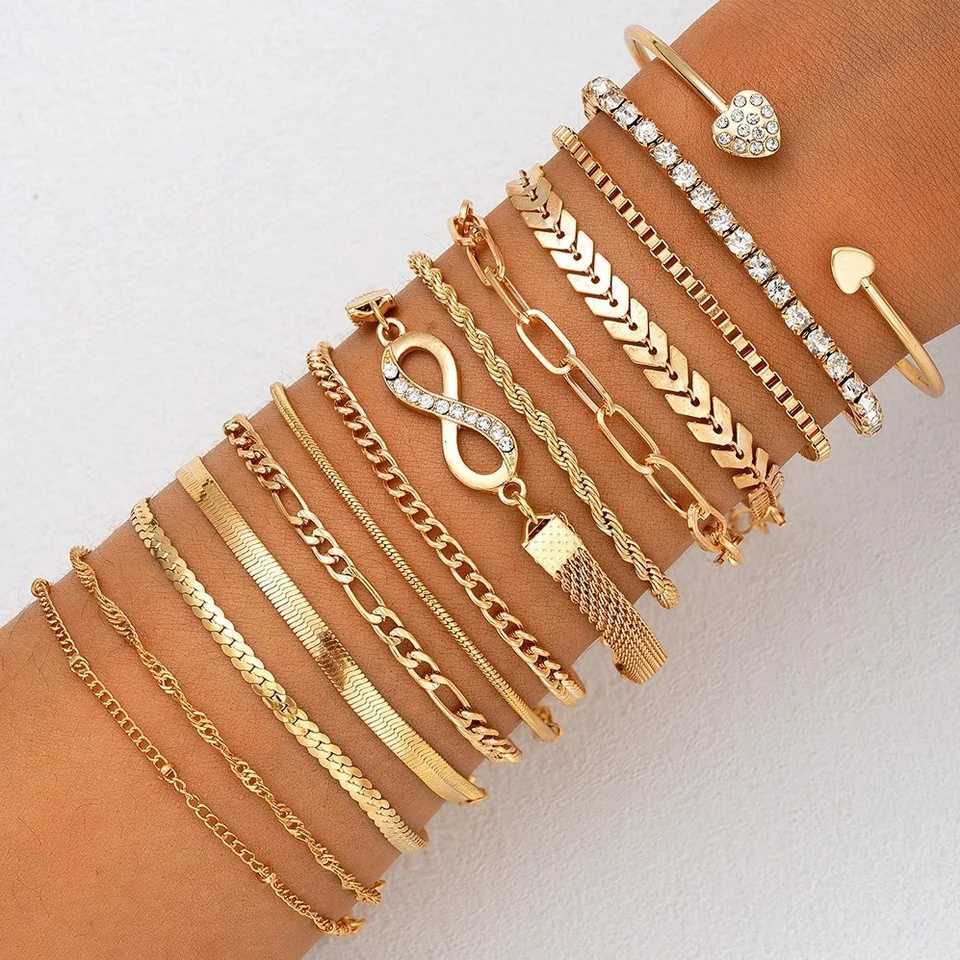 3/5/14 Pcs Punk Simple Metal Twist Bracelet Set for Women Fashion Gold Color Heart Zircon Tone Chain Daily Wear Jewelry Gifts W250807