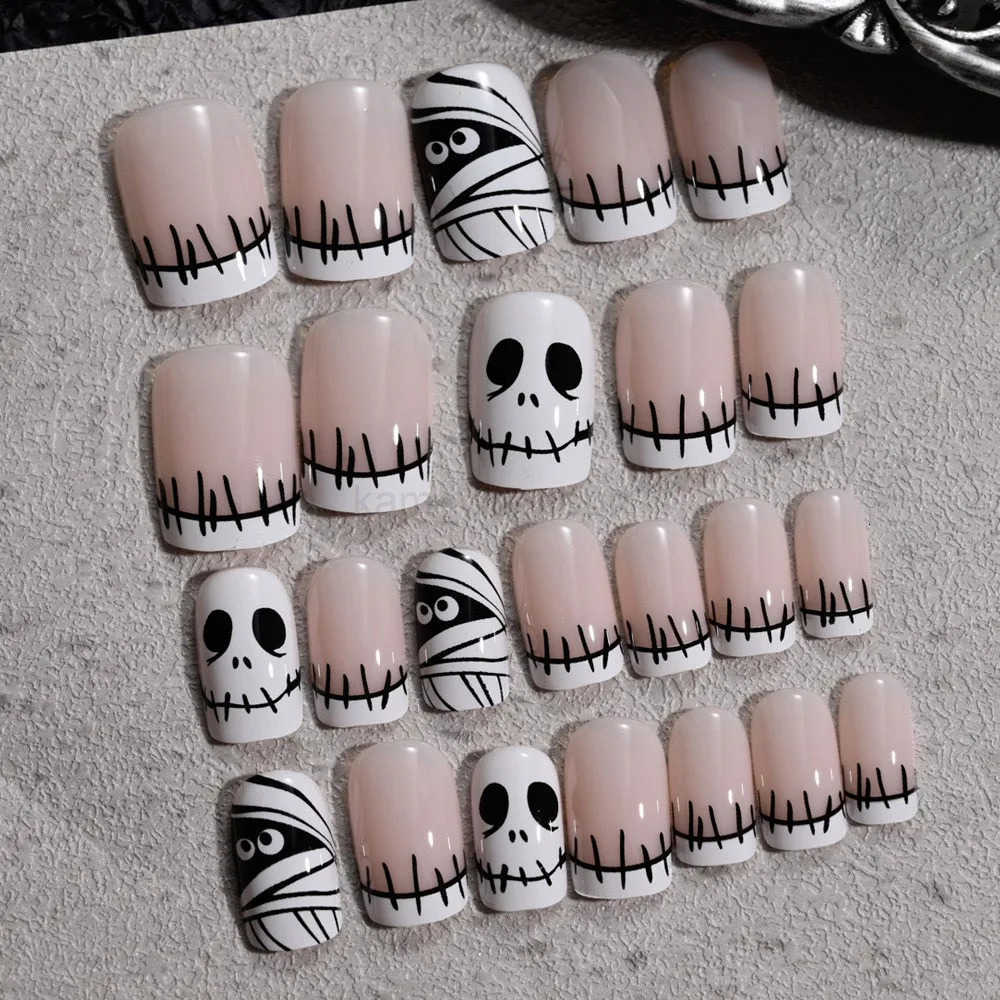 24Pcs Halloween French Design Press on Nails Short Square Ballet False Nails Ghost / Skull Full Cover Wearable Coffin Fake Nails M250807