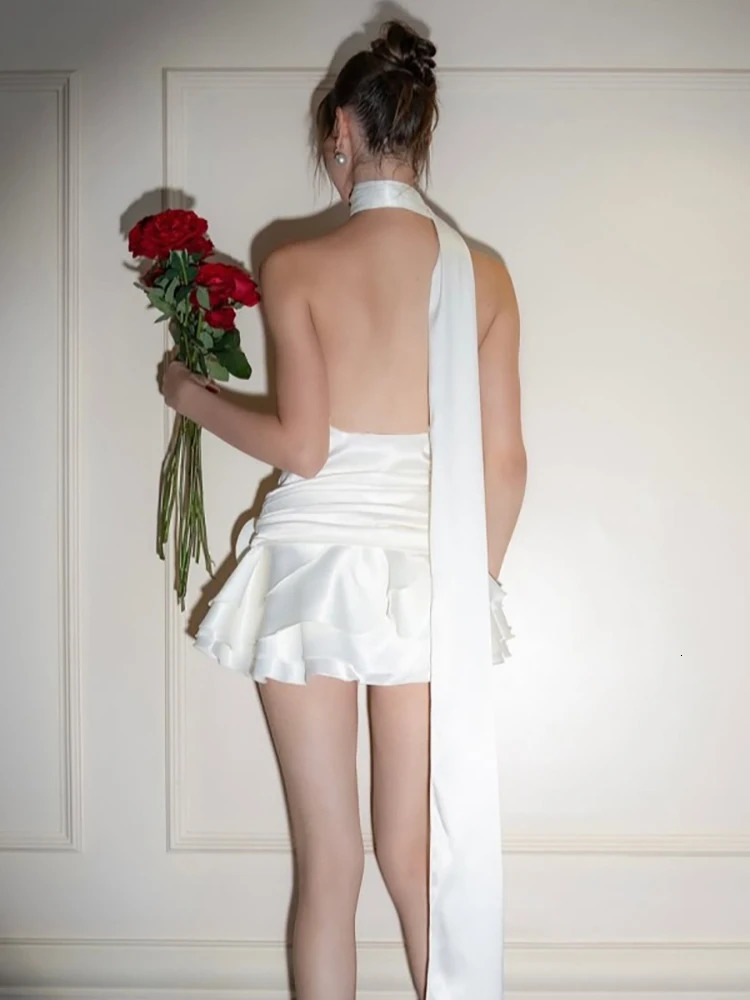 Fantoye Satin Sexy Backless 3D Flowers Women Dress White Halter A-line Dress Female Spring Slim Elegant Party Clubwear Vestidos 250806