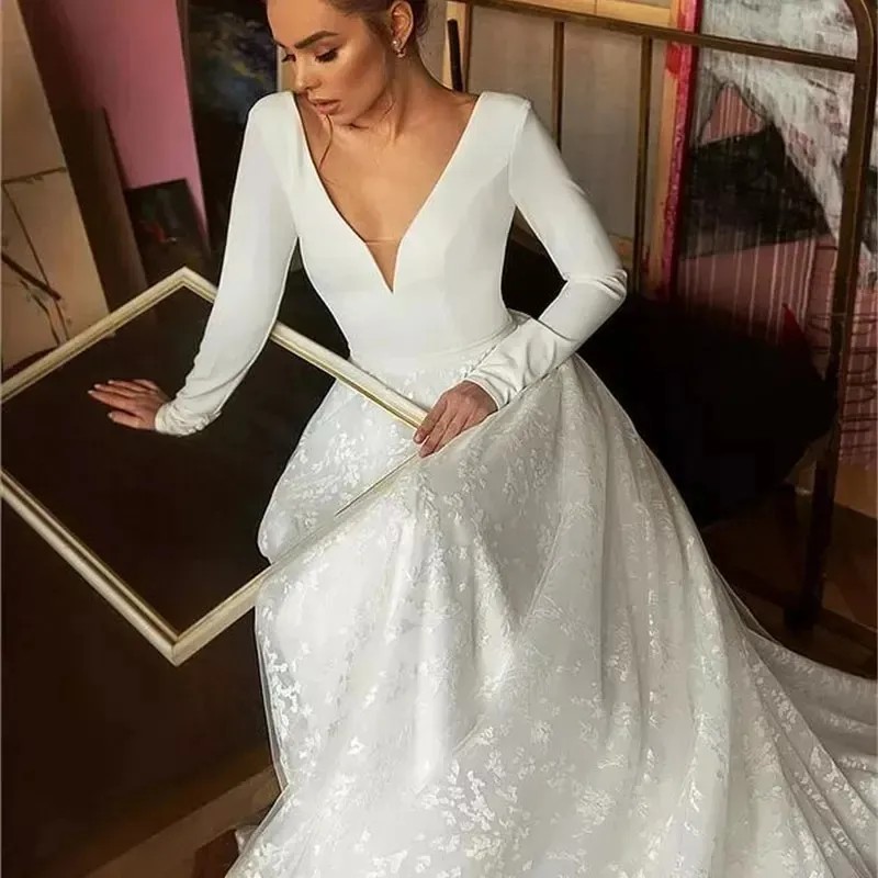 Long Sleeves Boho Wedding Dresses Mariee Vestido Novia Satin Lace Bridal Gowns Longue Long Sleeves Robe De Soiree Simple Bride To Be