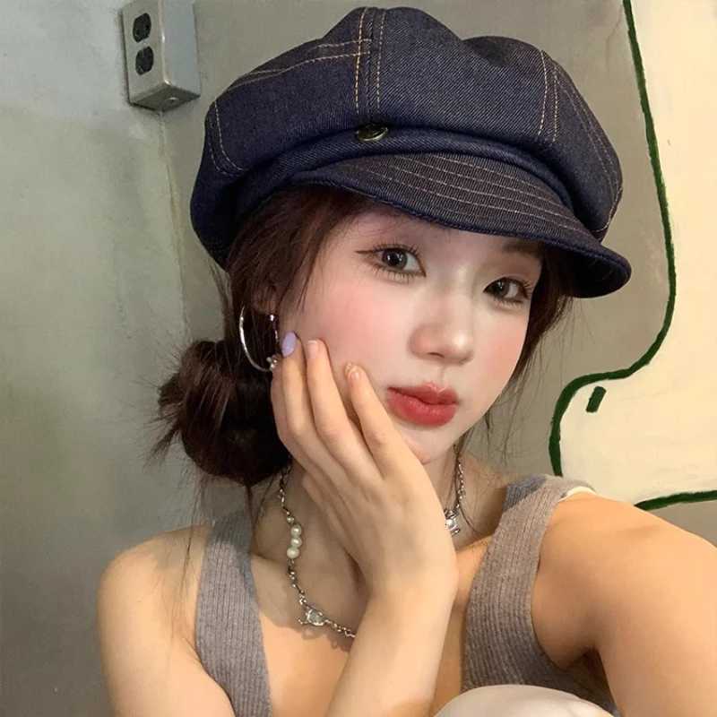 Janese Retro Literary Denim Newsboy Hats Women Show Face Small Summer and Autumn Travel Casual Versatile Octagonal Berets XJ250807