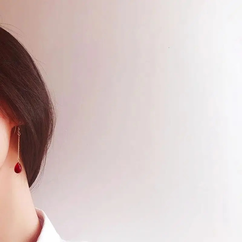 silver inlaid drop-shaped ruby long pendant earrings for women simple charm romantic wedding engagement jewelry gift 250805