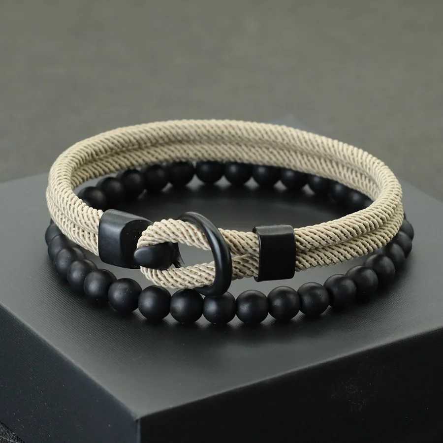 2Pcs/Set Men Bracelet Set Double Layer Rope Nautical Bracelet 6mm Black Onyx Stone Bracelet Leisure Accessories Pulseria W250807