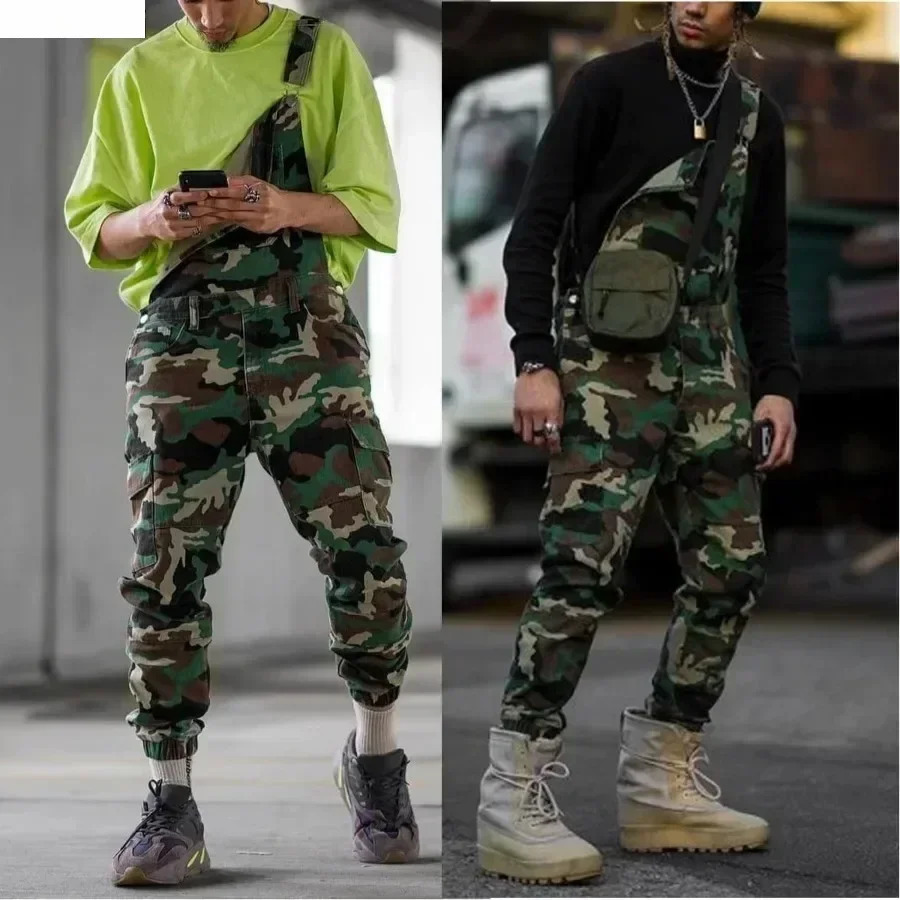 Mens Camouflage Strap Long Pants Overalls Cross Button Man Casual Jeans Jumpsuit Denim Cargo Male 250804
