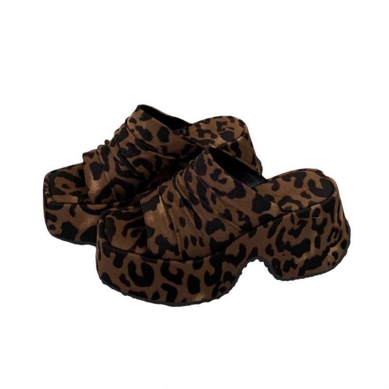 Leopard Print Wedge Sandals for Women Summer 2025 New Style Outdoor Waterproof Platform Thick Sole Ruched Open Toe High Designer shoes Heel Slippers
