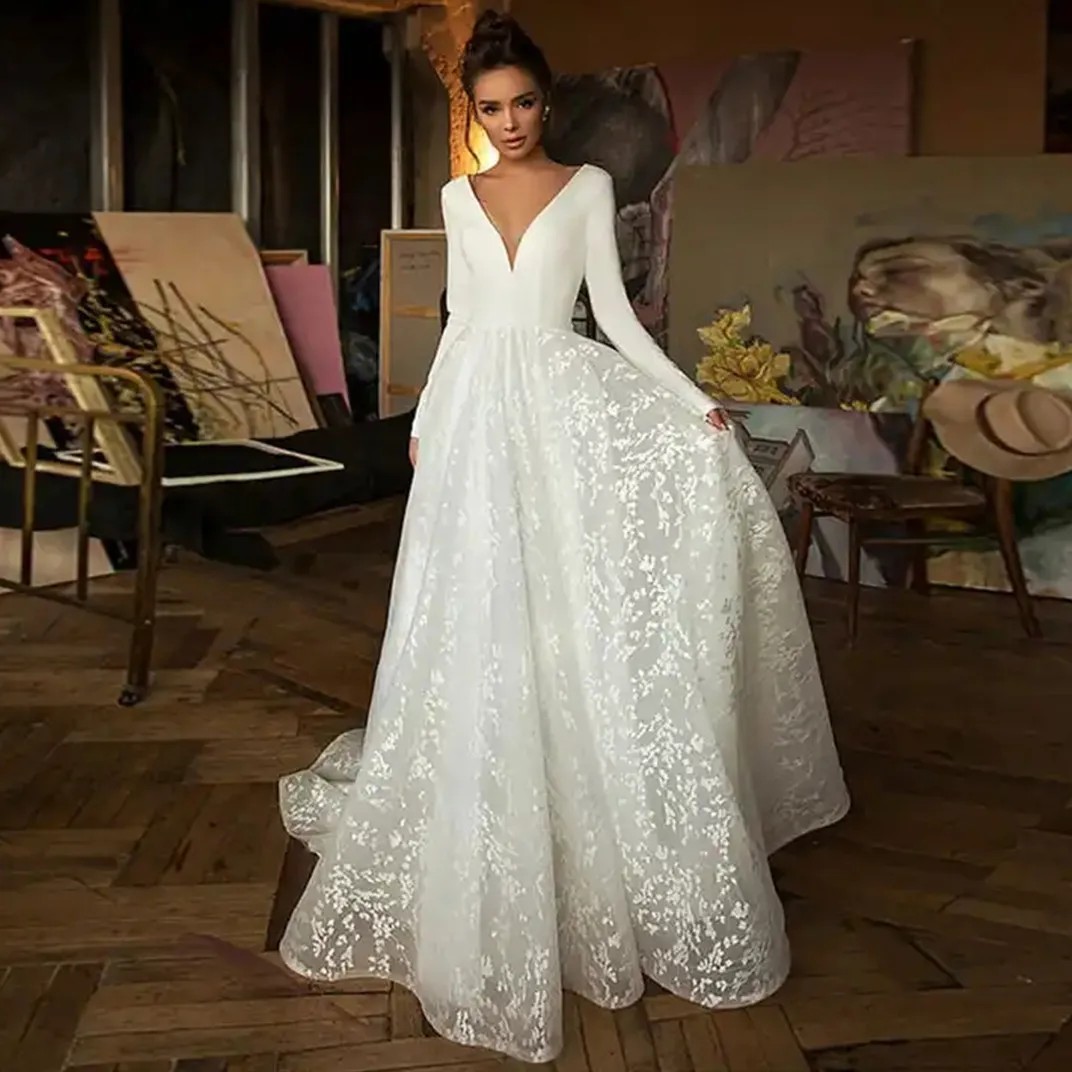 Long Sleeves Boho Wedding Dresses Mariee Vestido Novia Satin Lace Bridal Gowns Longue Long Sleeves Robe De Soiree Simple Bride To Be