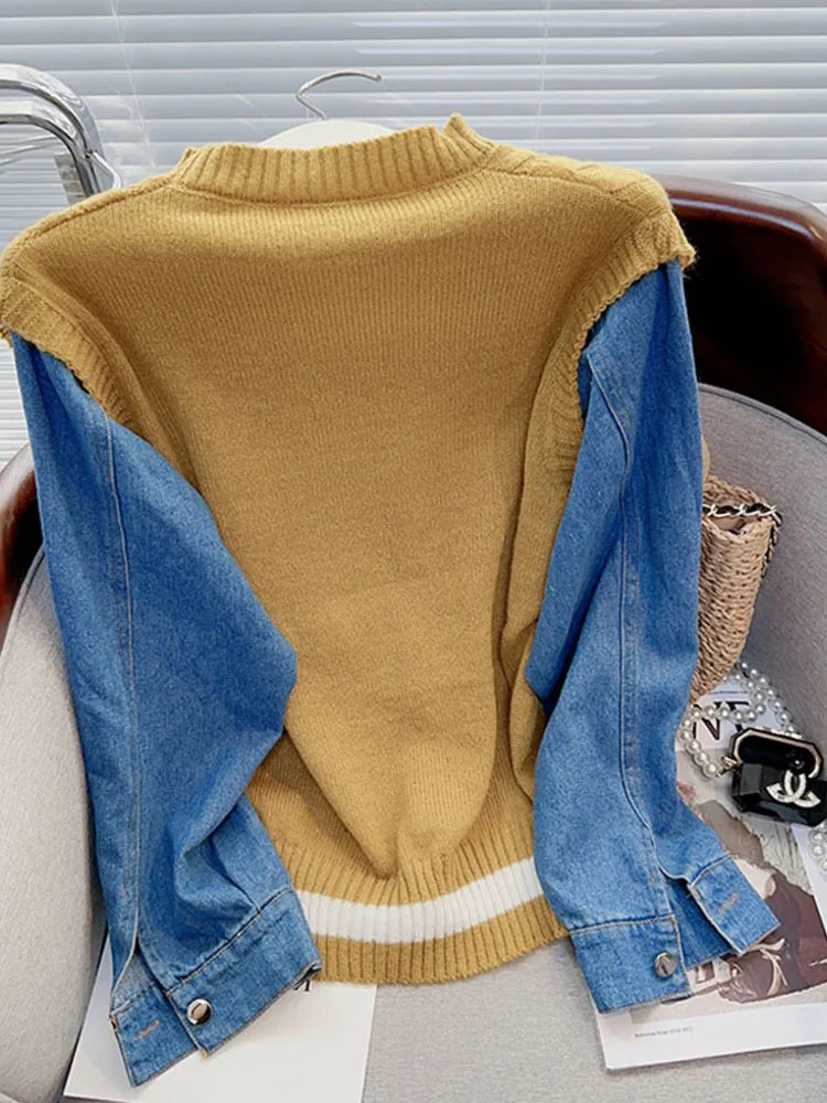 Denim Patchwork Sleeves Sweater Womens Autumn Spring Loose Korean Version Letter Ins Casual 250728