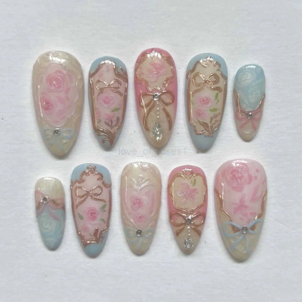 24pcs Wearable Almond False Nail Green Nails Tips with Flower Pearl Design Fake Nail Art Long Press on Nails Finished Manicure Z250807