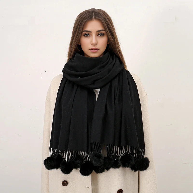 Women Warm Scarf With Rabbit Fur Ball Pashmina Thick Scarves Shawls Winter Cashmere Pompom Scarf Ladies Oversize Blanket Wrap 250806